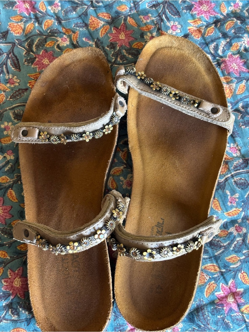 Naot Women's Floral Beaded Two-Strap Sandals in Metallic Silver and Brown